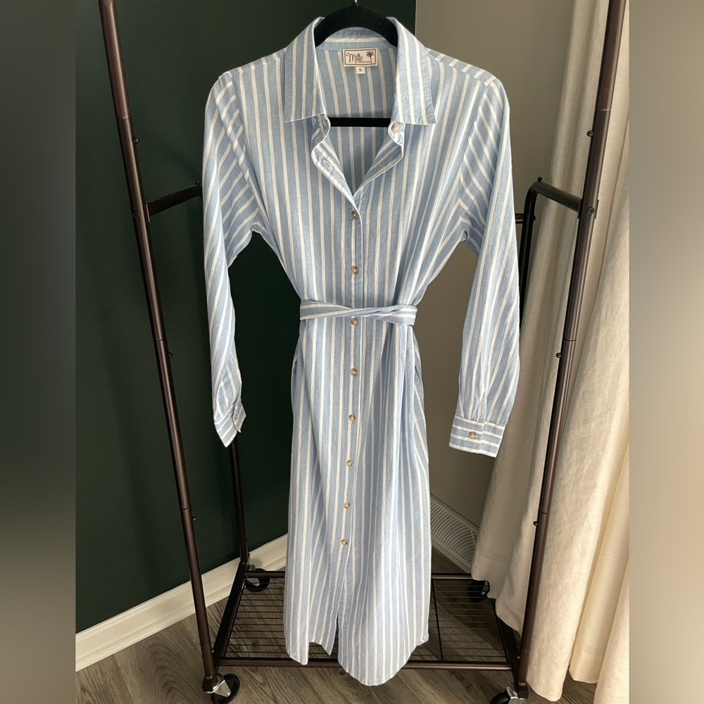 Mille Blue Stripe Midi Dress Belted Size Small